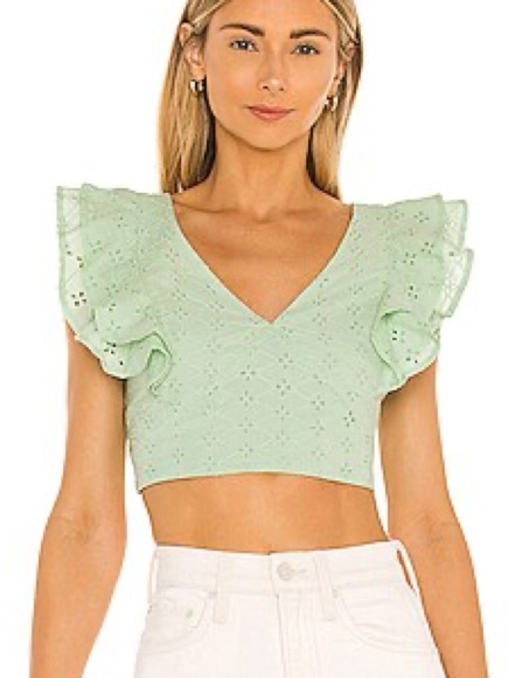 BCBGeneration Eyelet Ruffle Sleeve V-Neck Crop Top in Mint Green